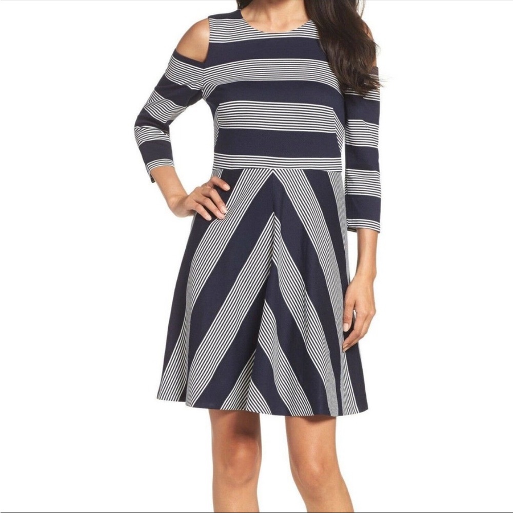 Eliza J size 4 striped cold shoulder dress